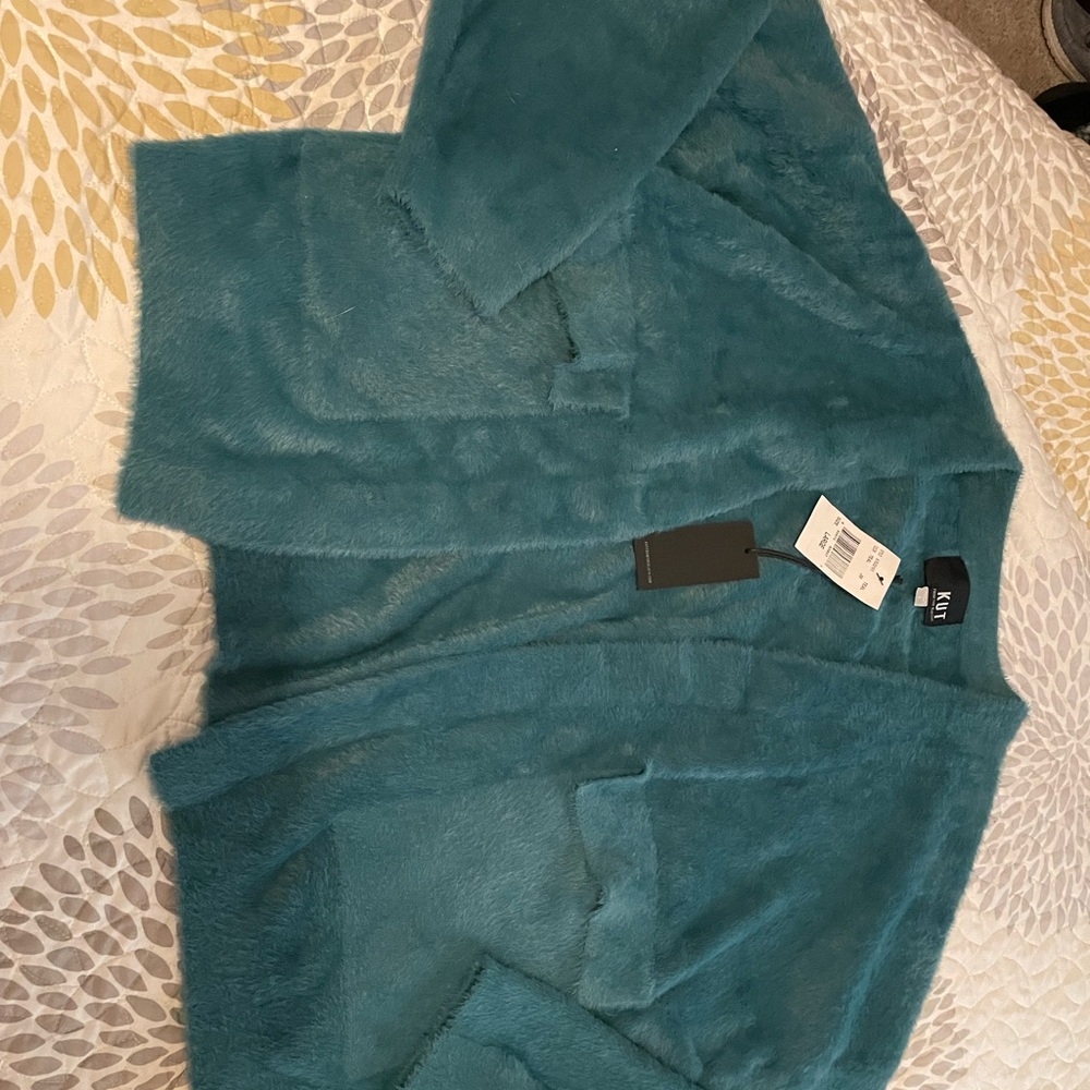 KUT from the Kloth teal faux fur cardigan